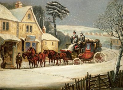 ロイヤルメールが宿屋に止まっている冬の風景（油彩・パネル 作： Samuel Henry Alken