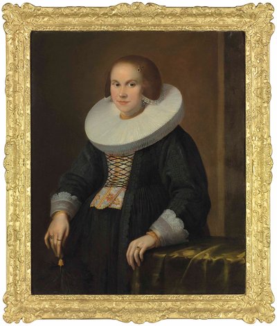 若い女性の肖像画、半分の長さ、羽を持っている、1636年頃（キャンバスに油彩） 作： Samuel Hofmann