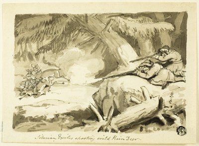 野生のトナカイを撃つシベリア亡命者 (直腸); シェル（裏） 作： Samuel Howett