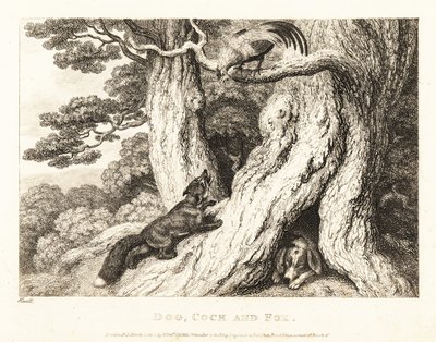 犬が眠っている間、木の雄鶏はキツネの裏をかく。 1811年（エッチング） 作： Samuel Howitt