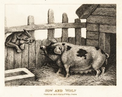 オオカミにうなる豚舎の大きな雌豚。 1811年（エッチング） 作： Samuel Howitt