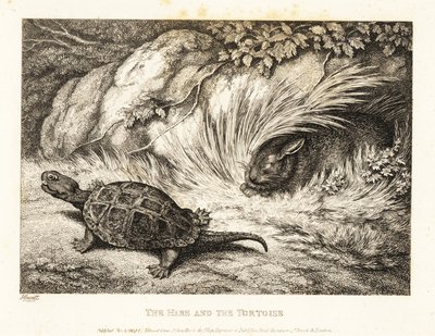 カメがレースで眠っているウサギを追い抜く. 1811年（エッチング） 作： Samuel Howitt