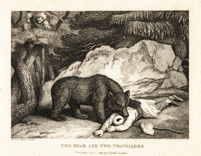 ターバンを巻いた旅人が熊に襲われ死んだふりをする。 1811年（エッチング） 作： サミュエル・ハウィット