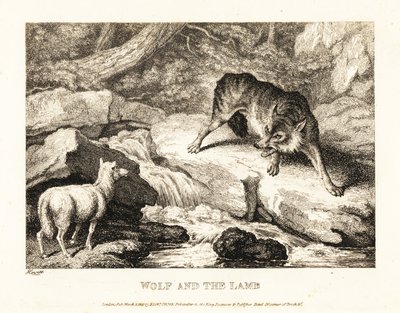 川の近くで子羊を殺すことを正当化しようとするオオカミ。 1811年（エッチング） 作： Samuel Howitt