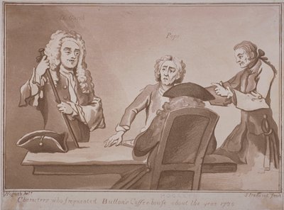 4人の男性がウェストミンスターのラッセルストリートにあるバトンのコーヒーハウスでテーブルを囲みます。1720年頃（アクアチント） 作： Samuel Ireland