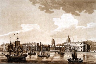 グリニッジ病院、「テムズ川の絵のような景色」のイラスト、パブ。1799年（エッチング、アクアチント）。 作： Samuel Ireland