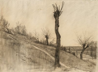 1884年の冬の終わりの風景、バフレイド紙に木炭 作： Samuel Isham