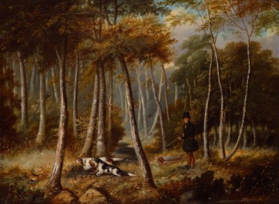 狩猟シーン、ノウサギを洗い流す入植者 (キャンバスに油彩) 作： Samuel John Egbert Jones
