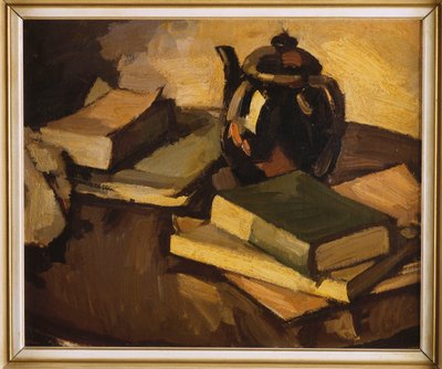 ティーポットとテーブルの上の本のある静物、c.1926 作： Samuel John Peploe