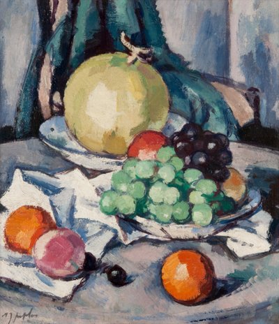 ミックスフルーツ-メロン、ブドウ、リンゴ、1926年頃（キャンバスに油彩） 作： Samuel John Peploe