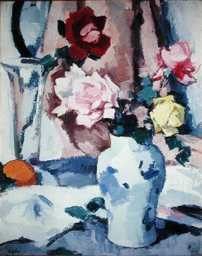 青と白の花瓶のバラ（油彩・キャンバス） 作： Samuel John Peploe