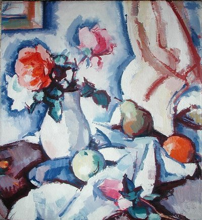 白い花瓶のバラ」（油彩・キャンバス） 作： Samuel John Peploe