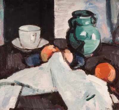 フルーツボウルのある静物、水差し、カップとソーサー、1927-29年。 作： Samuel John Peploe