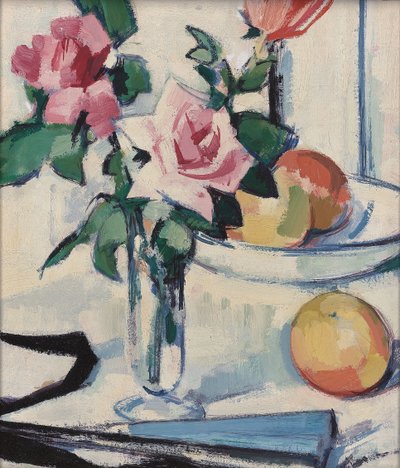 ピンクのバラのある静物、 作： Samuel John Peploe