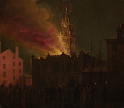 1819年ペンシルバニア州フィラデルフィアのチェストナット・ストリートにあるフリーメーソン・ホールの大火 作： Samuel Jones