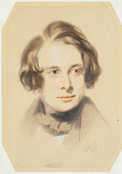 チャールズディケンズの初期の肖像、1837年（紙にチョーク、クレヨン、鉛筆） 作： Samuel Laurence