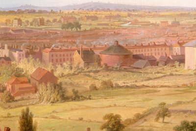 1821 年に聖フィリップ教会のドームから見たバーミンガム。 作： Samuel Lines