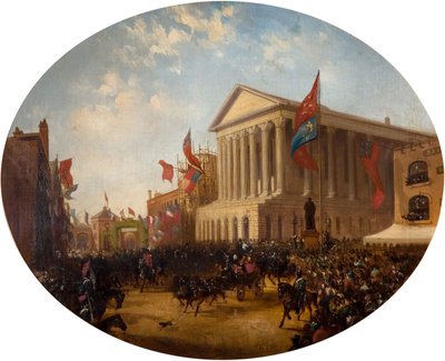 1857年、バーミンガムの市庁舎を離れるケンブリッジ公。 作： Samuel Lines