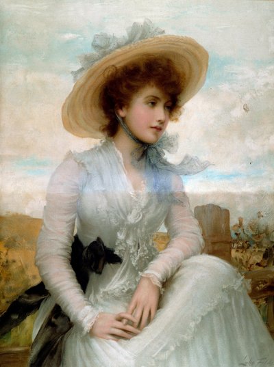 麦わら帽子をかぶった若い女性の肖像 サミュエル・ルーク・フィルデス（1843-1927）のプリント 19世紀 パリ 装飾美術 作： Samuel Luke Fildes