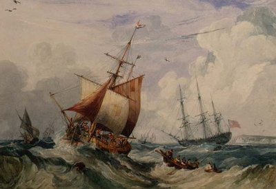 ドーバー沖のうねりの中でスマック釣りをするフランス人（水彩画） 作： Samuel Owen