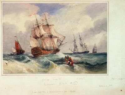 横たわる船、1825年頃（水彩画） 作： Samuel Owen
