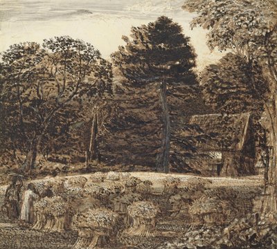 トウモロコシのトウモロコシ畑、ショアハム（ペンとインク、白いカードに洗う） 作： Samuel Palmer