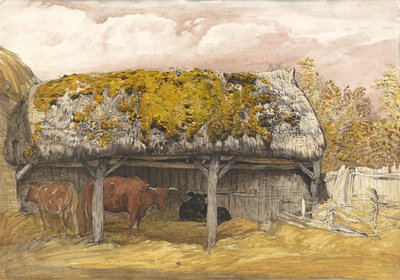 苔むした屋根のある牛のロッジ、1829年頃（紙に水彩とガッシュのペンとインク） 作： Samuel Palmer