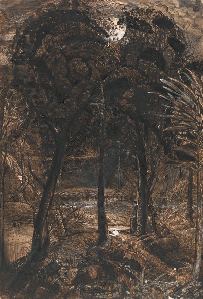 曲がりくねった川のある月明かりの情景 作： Samuel Palmer