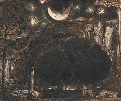 月と星の下の羊飼いと群れ 作： Samuel Palmer