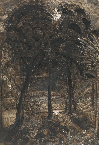 曲がりくねった川のある月明かりのシーン 作： Samuel Palmer