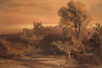 渓流を渡る牛たち 作： Samuel Palmer