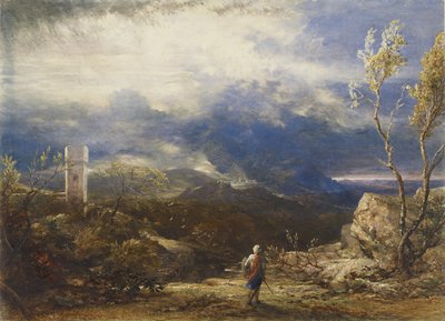 クリスチャンが屈辱の谷に降りる（「巡礼者の進歩」より）、1848年（水彩画と体色） 作： Samuel Palmer