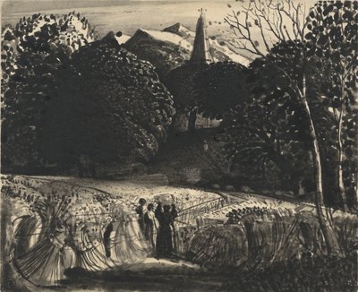 月光によるトウモロコシ畑と教会（紙にブラシと黒インク） 作： Samuel Palmer