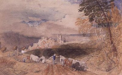 農民が耕す丘陵風景（水彩画 作： Samuel Palmer