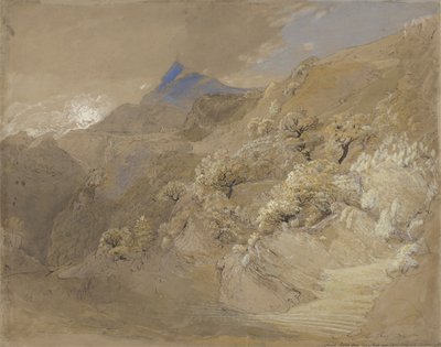 カペル・キュリグ近くのTyn-y-Coedのシャボド山（ペンとインク、ボディカラー、紙に水彩） 作： Samuel Palmer