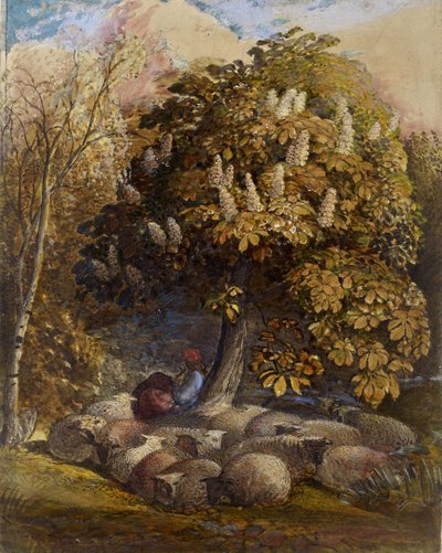 馬栗の木のある牧歌、c.1830-31（水彩とボディカラー） 作： Samuel Palmer