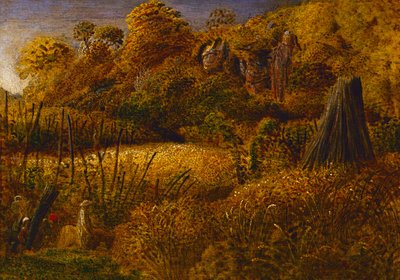 Underriver、KentまたはThe Hop Gardenでのシーン（パネル上のオイルとテンペラ） 作： Samuel Palmer