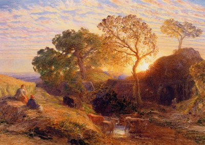 サンセット、1861年頃（カードにw - c、グラファイト、b - c、ガム） 作： Samuel Palmer