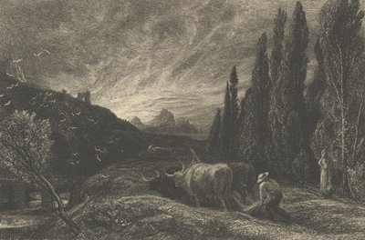 1861年以前の初期のプラウマン、または山に広がる朝。 作： Samuel Palmer