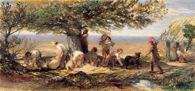 羊飼いたち 1863年頃 （紙に鉛筆の跡の上に水彩とボディーカラーで描かれている） 作： Samuel Palmer
