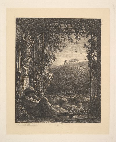 眠っている羊飼い、早朝、1857年。 作： Samuel Palmer