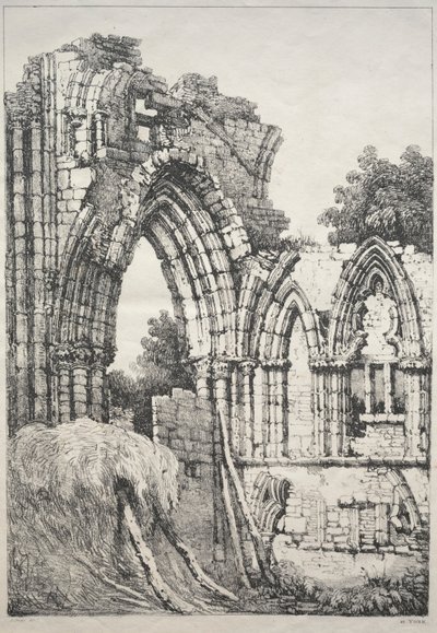 イングランド北部の一連の古代の建物と農村のコテージ：ヨーク、遺跡、1821年。 作： Samuel Prout