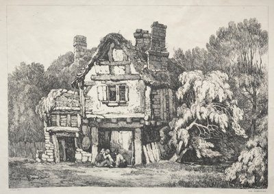 イングランド北部の一連の古代の建物と農村のコテージ：1821年、アシュボーンの近く。 作： Samuel Prout