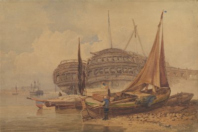 19 世紀初頭から中頃、前景にボートが打ち付けられた海岸の風景。 作： Samuel Prout