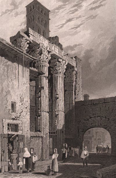 火星ウルトール神殿の柱、ローマ、ラツィオ、イタリア、サミュエル・プラウト（1783-1852）による鋼の彫刻、約15x115 cm 作： Samuel Prout