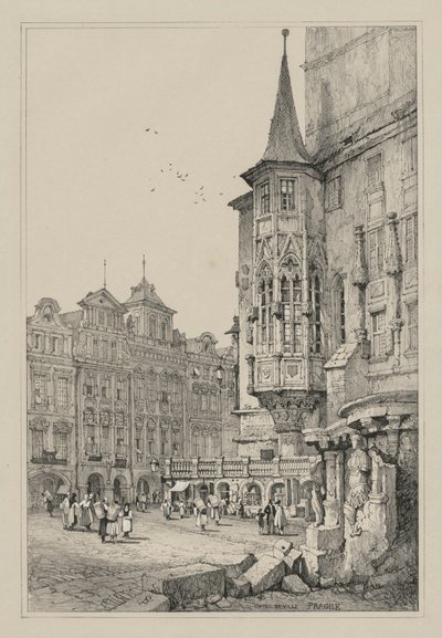 フランダースとドイツで作られたスケッチの複製: オテル・ド・ヴィル、プラハ 作： Samuel Prout