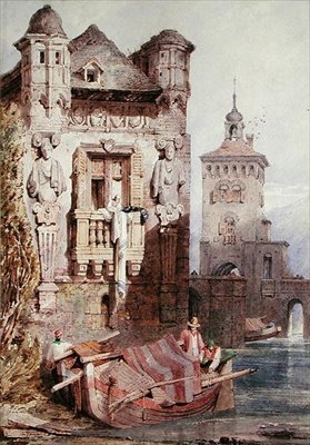 建物のある船の中の人物（水彩・紙） 作： Samuel Prout