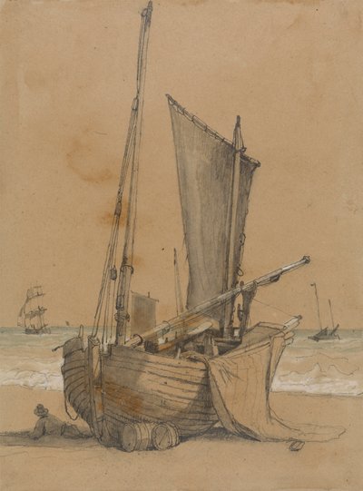 海でブリッグとビーチで漁船 作： Samuel Prout