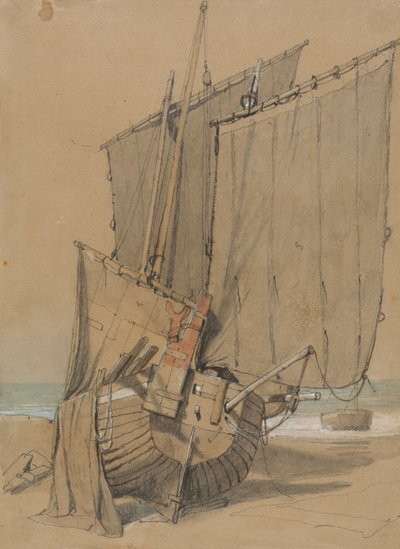 帆が乾燥している浜辺の漁船 作： Samuel Prout