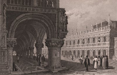 Escorço da arcada do Palácio Ducal (Palazzo Ducale) com vista para a Praça de São Marcos e Palácio da Biblioteca, Veneza, Veneto, Itália, gravura em aço segundo desenho de Samuel Prout (1783-1852), cerca de 15x11,5 cm 作： Samuel Prout